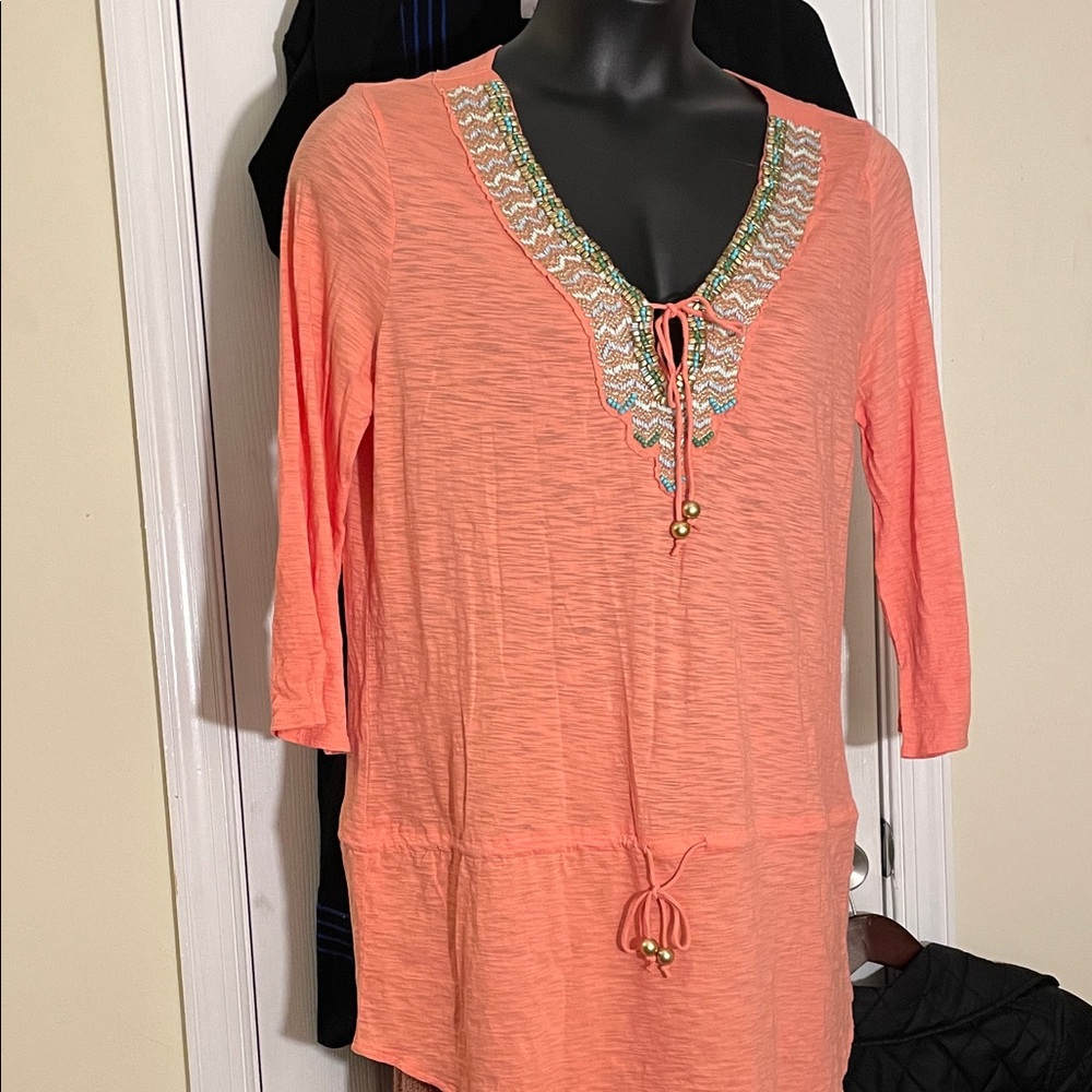 Banana Republic Coral Tunic with Beaded Inverted V-neck Embroidery XL